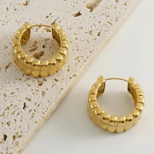 Stainless Steel U-shaped Hoop Earrings 18K Gold Plated Ribbed Textured Geometric Minimalist Elegant Jewelry For Women