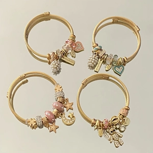 Stainless Steel Gold Cable Charm Bracelet Adjustable With Bear Heart Star Charms Rhinestones Enamel For Women