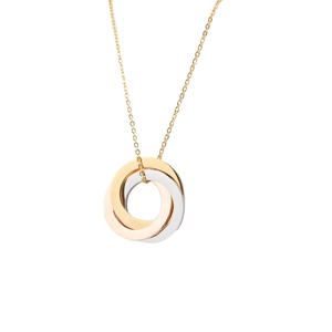 Detail of interlocking tricolor circles pendant with polished gold, silver and rose finish
