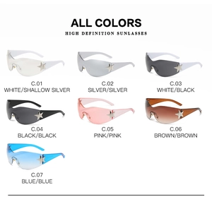 Detail view showing seven color options for Y2K rimless sunglasses with star accents