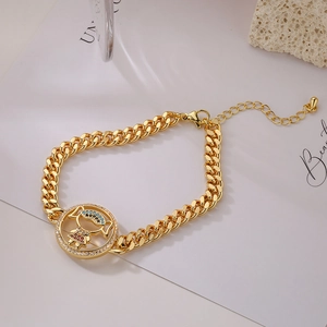 Gold plated cuban chain bracelet featuring a cute girl pendant with colorful zircon stones
