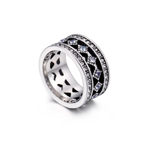 Vintage stainless steel wide band ring with white zircon stones and geometric diamond patterns