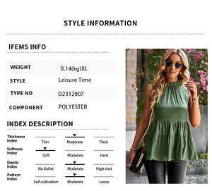 Size chart and style info for green sleeveless layered ruffle top in polyester