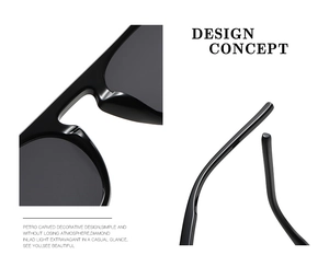 Close-up of stable nose pads and sleek temple design on black retro carved sunglasses