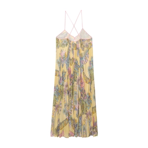 Yellow floral bohemian maxi dress with spaghetti straps and crisscross back design