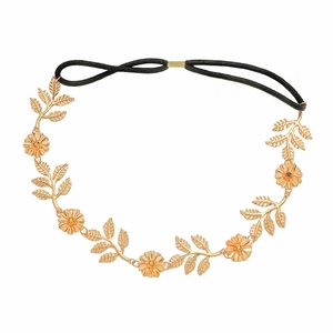 Goldenes Barock-Haarband aus Metall mit Blumen und Blättern und elastischem Gummiband