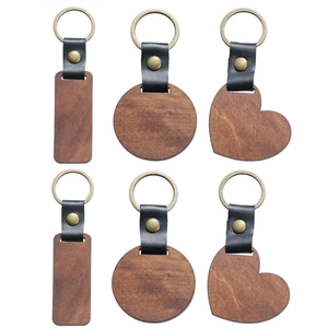 Wooden Keychain Vintage Walnut Wood And PU Leather Key Ring Retro Minimalist Heart Round Rectangle Pendant For Car Keys