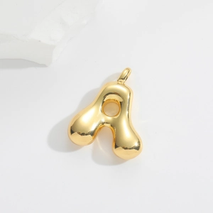 Detailed close-up of a 3D bubble style gold letter A pendant with glossy metallic finish