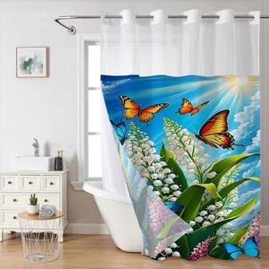 Double-layer waffle shower curtain with butterfly and lily print for bathrooms