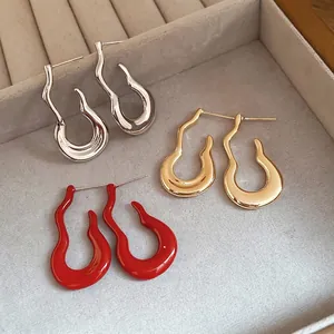 Irregular Wavy Flame Stud Earrings With 925 Sterling Silver Earring Post Alloy Enamel Minimalist Liquid Metal Style