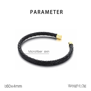 Dettaglio del bracciale in pelle intrecciata nera con chiusura dorata e parametri tecnici