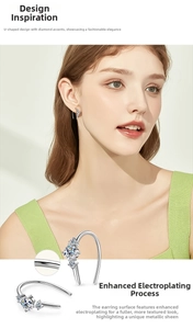 Macro view and model shot of U-shaped S925 silver earrings with three round zircons