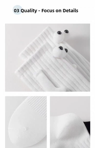 Detail of white magnetic hand-holding socks showing smooth toe seams and ribbed texture