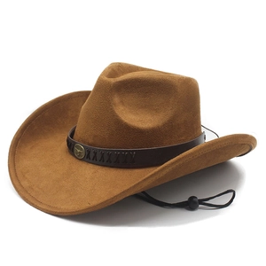 Western Cowboy Hat Faux Suede Wide Brim With Metal Bull Head Leather Belt Vintage Jazz Fedora For Men Women