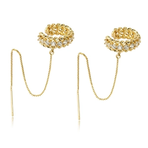 Elegant gold plated brass ear cuff with cubic zirconia and long chain dangle earrings