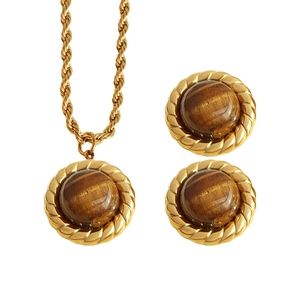 French retro gold jewelry set with round tiger eye pendant necklace and stud earrings