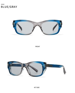 Front and side view of pilot sunglasses featuring blue gray gradient lenses and double bridge