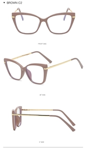 Detailed view of cat-eye frames in brown with gold metal temples from multiple angles