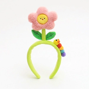 Cute pink plush tulip flower headband with colorful caterpillar on green fabric band