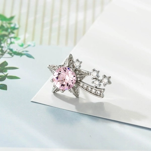 Silver star earrings with pink center zircon and clear stones on blurred background
