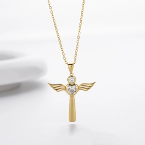 Elegant gold S925 silver necklace featuring an angel wing heart and white zircon pendant