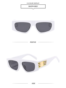 Front and side view of white rectangular sunglasses with grey lenses and gold accents