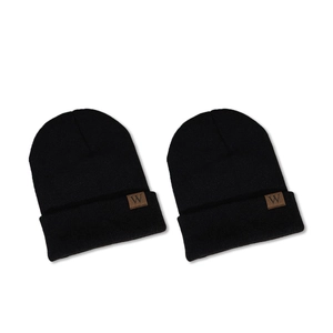Set of two black chunky knit beanies with brown W logo leather patch for winter warmth