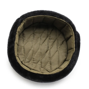 Winter bomber hat for men with black faux fur and olive green quilted thermal lining