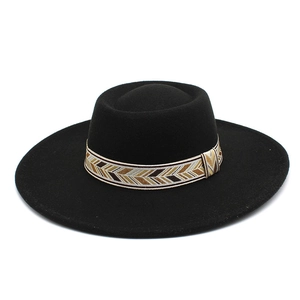 Vintage Retro Woolen Fedora Hat Wide Brim Solid Color Warm Winter Outdoor Panama Hat With Ethnic Geometric Woven Band For Men Women