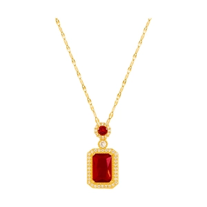 Elegant gold necklace with rectangular red gemstone pendant and clear zircon accents