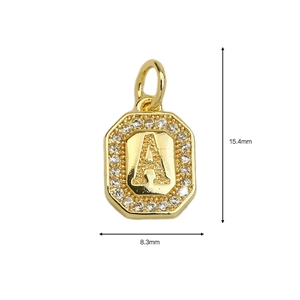 18k gold plated octagon pendant with letter A and zircon inlay, size 15.4mm by 8.3mm