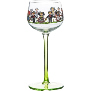 Alsatian doll design wine glass with green stem and traditional hand-painted figures