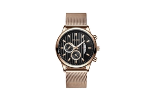 Detail of rose gold mesh strap and black dial with calendar on Yolako men's watch