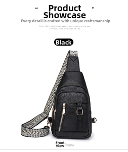 Front detail of black pebble texture sling bag with woven geometric shoulder strap