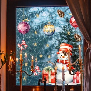 Christmas snowman window clings set with festive ornaments displayed on glass window