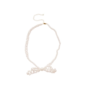 Élégant collier de perles en acier inoxydable avec pendentif nœud et fermoir doré