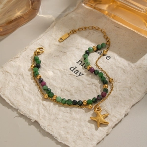 Bracciale a doppio strato in acciaio inossidabile placcato oro 18K con pietre naturali e stella