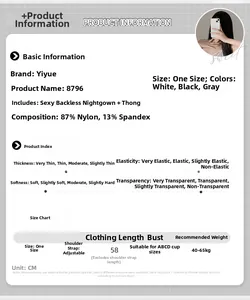 Lingerie size chart and material details for sheer nightdress and thong set