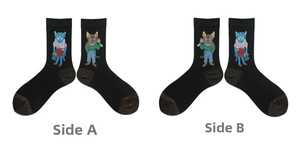 Detailed embroidery of anthropomorphic cats on black cotton socks with glitter toe accents