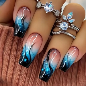 Blaue Pink Verlauf Flammenmuster Sarg Press On Nails ABS Lange Ballerina Künstliche Nägel Y2K Mode Für Frauen Full Cover