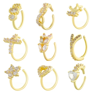 Gold Copper Nose Rings Studs Rhinestone Cross Heart Crown Flower Piercing Jewelry Women Non Piercing Ear Cuff
