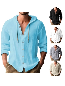 Detail view of linen hoody shirt with drawstring, buttons and color options