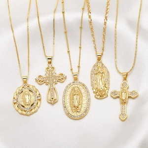 Collana Con Pendente Croce Vergine Maria Rame Placcato Oro Zircone Religioso Retro Vintage Medaglione Per Donna Uomo