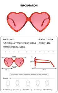 Detailed size chart for pink heart sunglasses showing 142mm width and metal frame dimensions