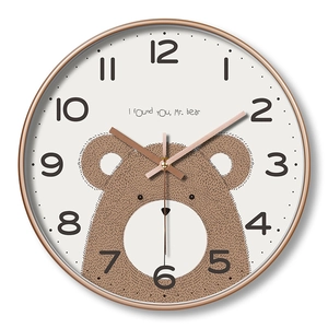 12-inch silent wall clock with rose gold frame and cute brown bear dial design