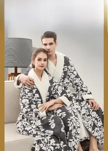 Detail view of 3D floral jacquard flannel bathrobe with thick white fleece lapel collar