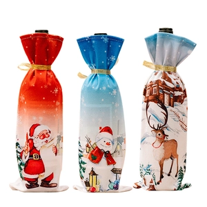 Christmas wine bottle covers featuring Santa Claus, Snowman and Reindeer with gold ribbons