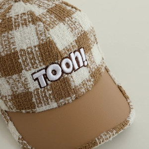 Kids plaid baseball cap with TOON! embroidery and brown leather brim for autumn winter