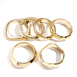 Minimalist 6-piece irregular geometric gold metal rings set with polished texture for women