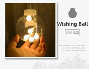 Detail of a transparent wishing ball LED bulb with warm yellow micro lights inside